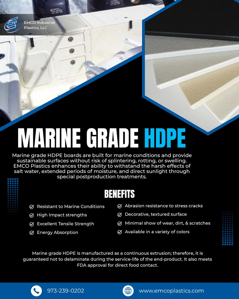 EmcoPlastics's tweet image. Built for marine conditions and harsh weathering, EMCO offers top quality Marine Grade HDPE sheets. Contact us today!

#HDPE #plastics #plasticsindustry