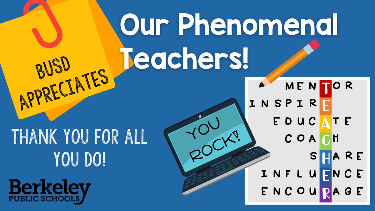 BerkeleyUnified's tweet photo. It's Teacher Appreciation Week, and BUSD is celebrating our incredible educators! Thank you for your dedication, passion, and tireless efforts in shaping the minds and futures of our students every day. We are #BerkeleyPROUD of you! 👩‍🏫 https://t.co/sxEQesM1xh