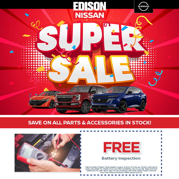 EdisonNissan's tweet image. Everything you need, now at Super Sale prices! 🛒💸🔩
🔗 bit.ly/2KrbV5T
.
.
.
#EdisonNissan #Nissan #Service #Savings