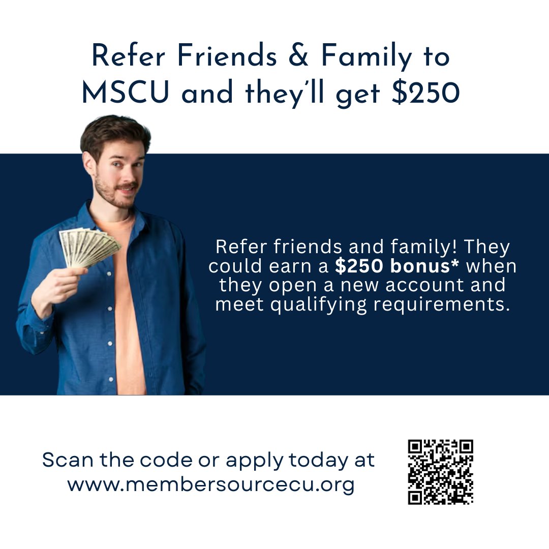 MemberSourceCU's tweet photo. Know someone looking to join a credit union? Refer friends and family to MemberSource CU and they could earn a $250 bonus when they open a new account and meet qualifying requirements!
Scan the QR code for more details. https://t.co/WegCrrhCfw