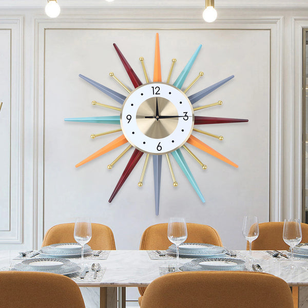 iSmartHomeGear's tweet image. Meet the Sunburst Wall Clock — a cheerful mid-century sunburst with glossy red, orange, blue, and gray rays, a white dial with bold numerals and gold-tipped rods. Its light-catching finish brightens any room. $159.99 ☀️🕰️ #MidCenturyModern #HomeDecor ismarthomegadgets.com/products/sunbu…