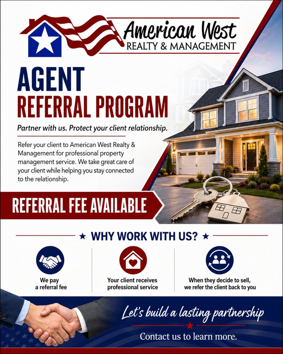 NathanGesner's tweet photo. AGENT REFERRAL PROGRAM!

To learn more, contact Nathan at American West Realty and Management. https://t.co/QSxkLS3wxn