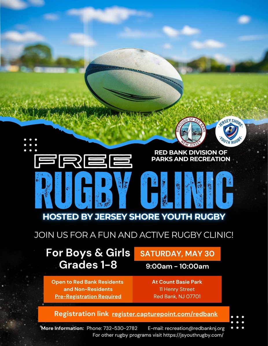 RBParksandRec's tweet photo. 📣🏉We are pleased to announce that Jersey Shore Youth Rugby will be hosting a free rugby clinic for athletes in grades 1-8.
Register online at https://t.co/ZhtWFaRdyx under (Spring 2026). Registration is open for both Red Bank residents and non-residents. https://t.co/nWIdyF7fsY