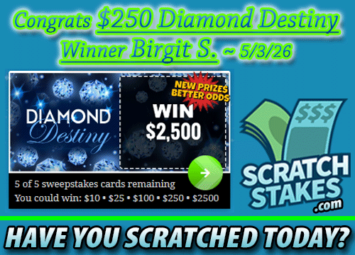 scratchstakes's tweet photo. 🏆Congrats, $250 Diamond Destiny #Winner, Birgit S!💎

🤑Play 80 FREE #scratchoffs, #win FREE Instant Cash up to $25,000!
🔓Unlock the Mystery 6 up to $20K!
🏆Enter a $299,999.99 Cash Jackpot!

🤔Have you scratched today?
👉 https://t.co/U1TEyg1s90 https://t.co/TkgFRHBrJn
