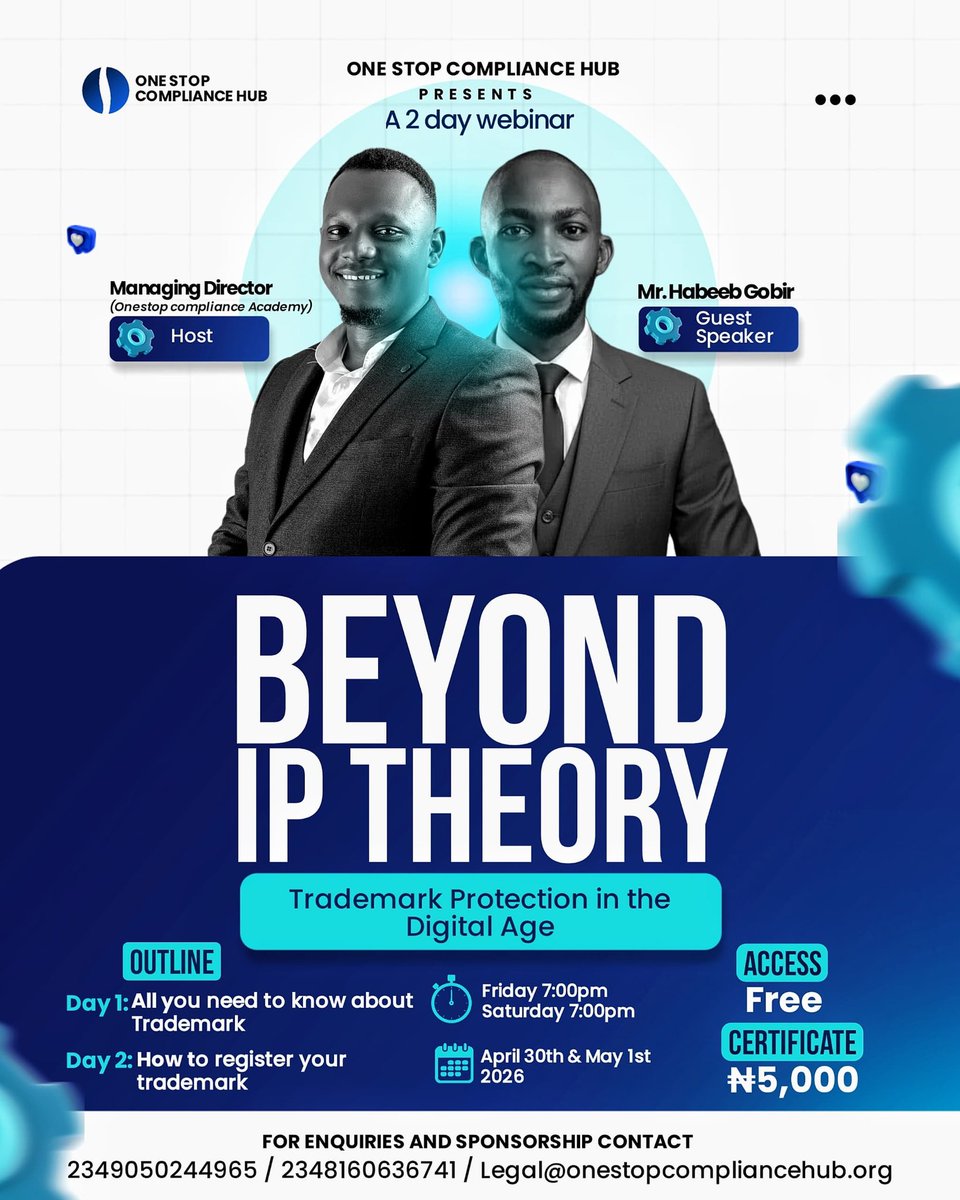 gobson_'s tweet photo. I had a great time with the One Stop Compliance Hub team last Saturday. It was an engaging session where we explored the theoretical foundations of trademark law and how those principles apply in practice.  Many thanks to Mr. Oluwafemi Adediran(APAc) for the invite. 

There’s something very rewarding about breaking down legal concepts and seeing them click for people, especially when you can connect theory to real-world things. The conversations, questions, and insights shared during the session made it even more worthwhile.

Grateful for the opportunity to speak and contribute. Looking forward to more sessions like this.

If you missed it or would like to revisit the session, I’ve shared the YouTube recording below.

https://t.co/fRWvL8cVfh