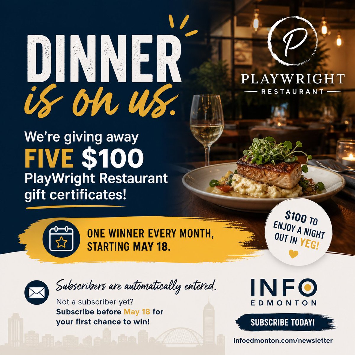 whereedmonton's tweet photo. Dinner is on us 🍽️
We’re giving away 5 × $100 PlayWright gift certificates — first draw May 18.
Subscribers are automatically entered.
👉 https://t.co/v4xWToVlIw
#yeg #yegfood #exploreedmonton https://t.co/FjRXStCZpJ