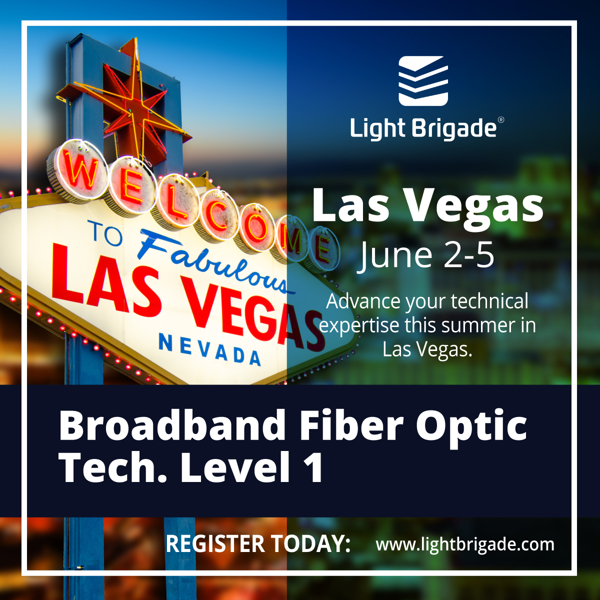 Expand your expertise in Las Vegas! Our Broadband Fiber Optic Technician Level 1 class arrives June 2–5. Gain specialized skills, earn industry certifications, and lead the way in broadband deployment. Register here: tinyurl.com/3n2xnhck #Broadband #FiberOptics #LightBrigade