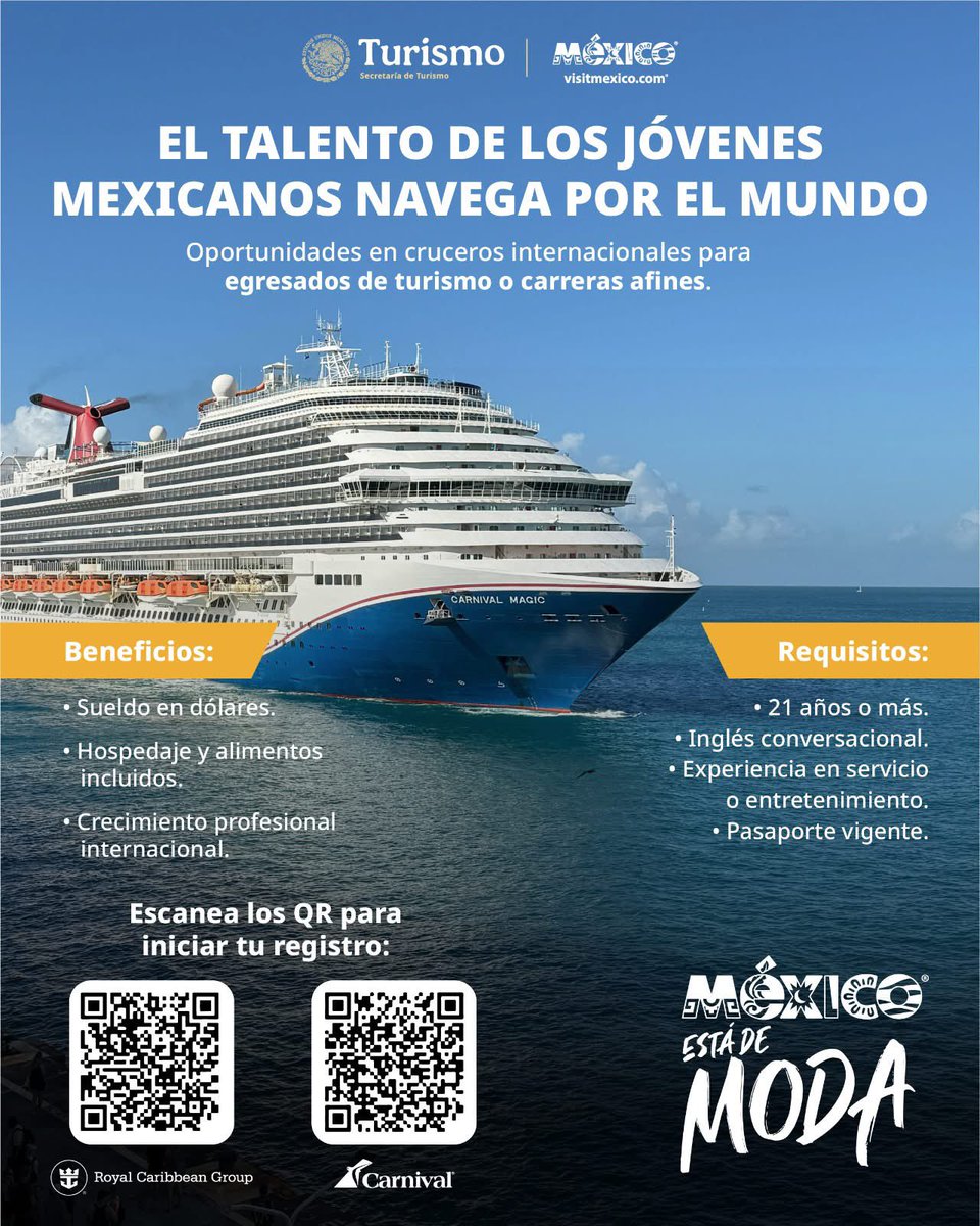 🌊✨ El talento joven de México no tiene fronteras ¡y ahora navega por el mundo! 🚢

Si estudiaste turismo o una carrera afín, esta es tu oportunidad de llevar tu pasión a otro nivel, formar parte de cruceros internacionales donde cada destino es una nueva experiencia y cada día