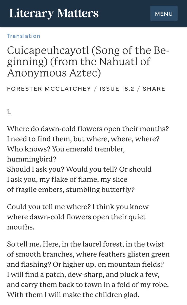 LM_ALSCW's tweet photo. The first section of @fhmcclatchey’s translation of an Aztec poem, recently shared by @newversereview: https://t.co/X6FOKU5TZK