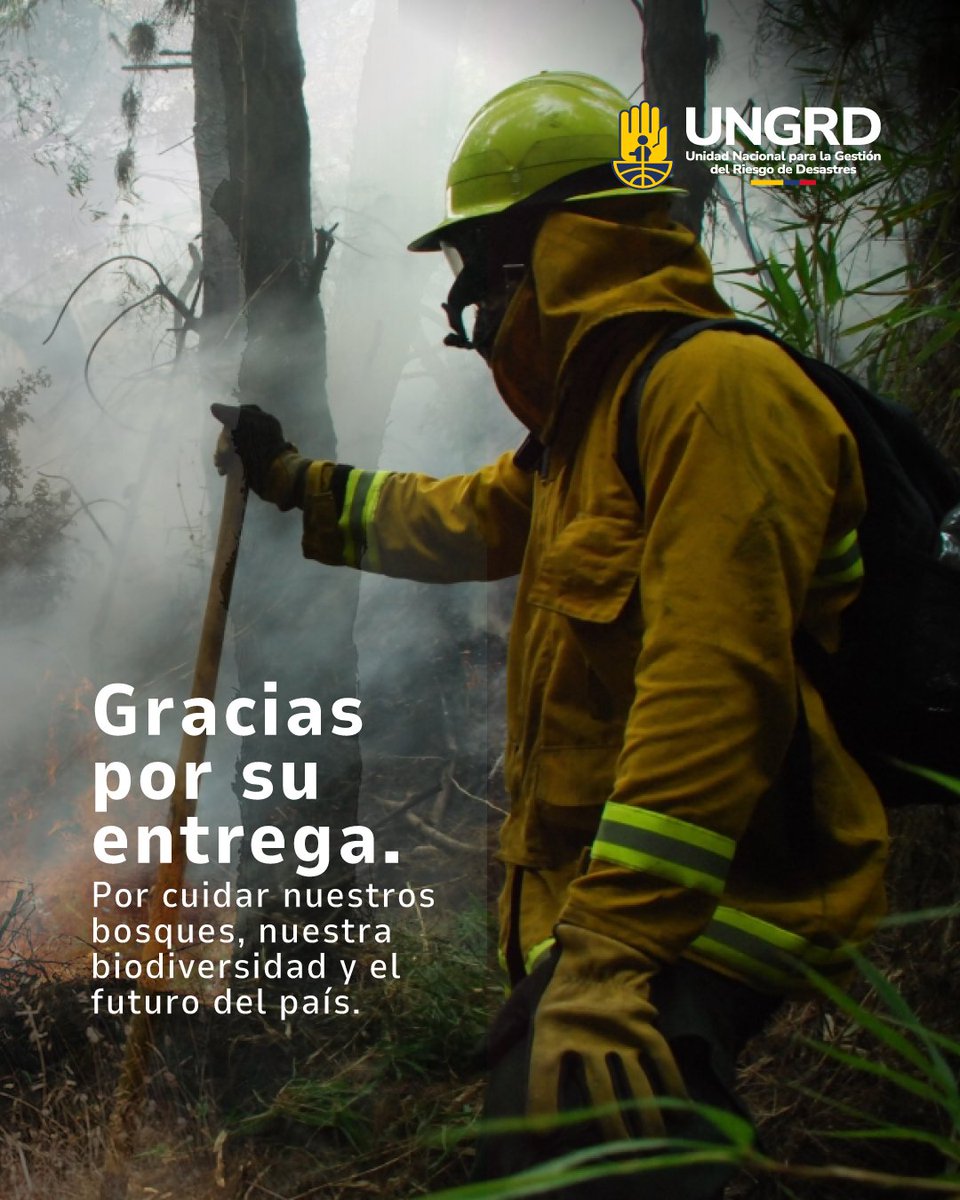UNGRD's tweet photo. Hoy reconocemos a quienes enfrentan uno de los riesgos más desafiantes: los incendios forestales. 🔥

Hombres y mujeres que, con valentía, disciplina y vocación de servicio, protegen nuestros bosques, la biodiversidad y la vida de las comunidades.

Gracias por estar en la primera línea, por no rendirse y por responder cuando el país más los necesita.
Su labor no solo combate el fuego, también construye un territorio más seguro y resiliente.
 #DíaInternacionalDelBombero #DíaDelCombatienteDeIncendiosForestales