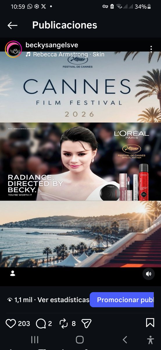 beckysangelsve's tweet image. Becky Armstrong vuelve a el Festival De cine de cannes 2026 por tercer año consecutivo como embajadora de L'Oréal Paris 

#LOrealParisCannes #LightsOnWomensWorth #WorthIt #LOrealParisTH #LOrealParisCannesTH2026 #makeup #LOrealParisCannesxBecky #beckysangels‌