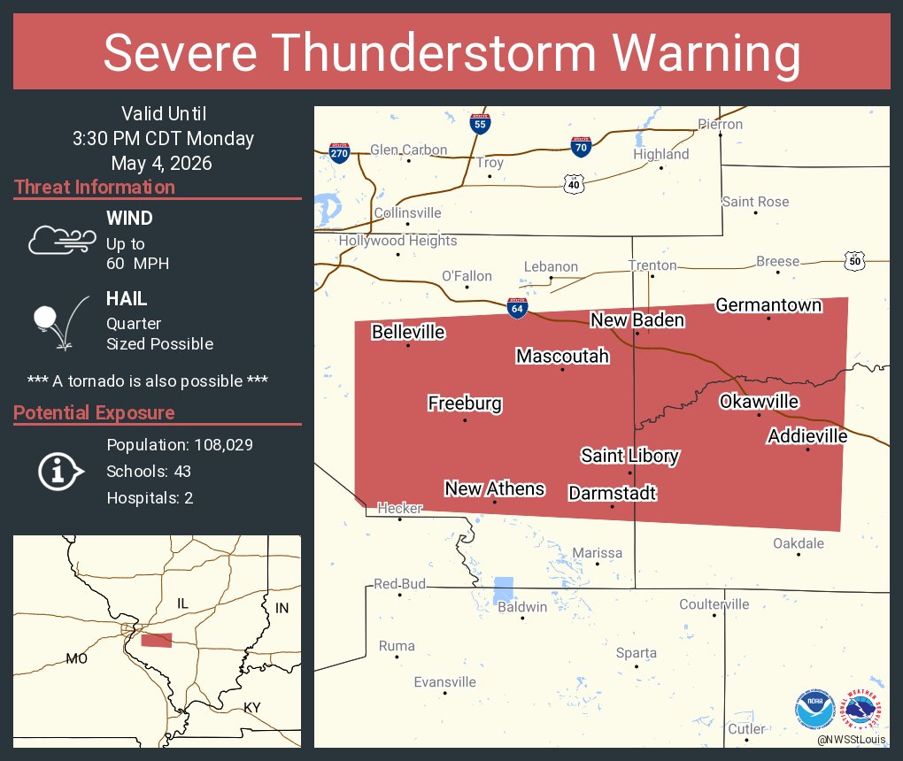 NWSStLouis's tweet photo. Severe Thunderstorm Warning including Belleville IL, Swansea IL and  Mascoutah IL until 3:30 PM CDT https://t.co/JzeeBBooB8