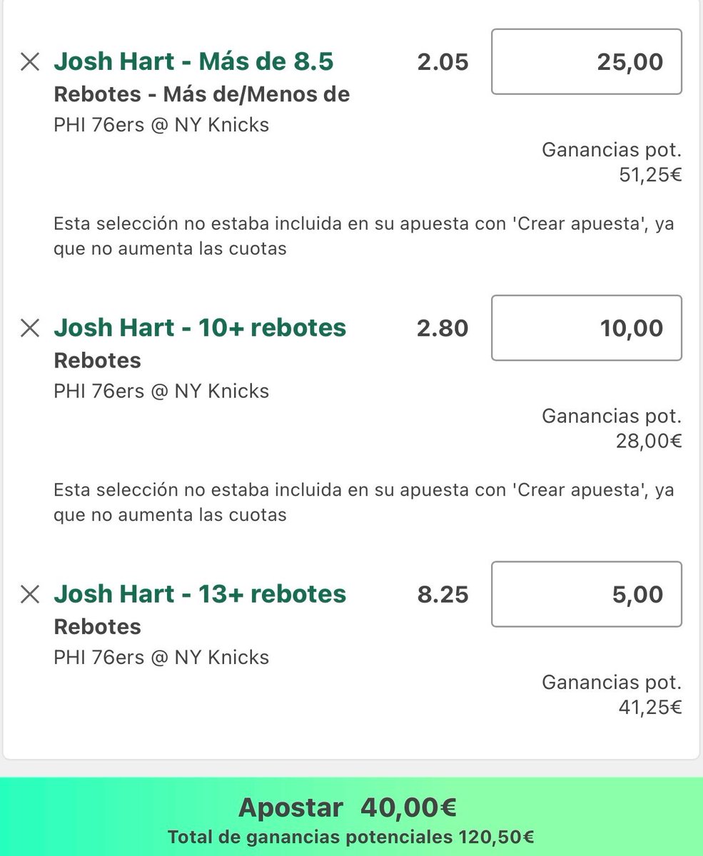 NbaGreenBet's tweet photo. 🪜🪜🪜 JOSHITO HART 🪜🪜🪜

Primer partido de segunda ronda y voy a probar esta escalera de rebotes de Hart.

En el 1 comentario, os dejo la argumentación. https://t.co/8M6KeR1uyg