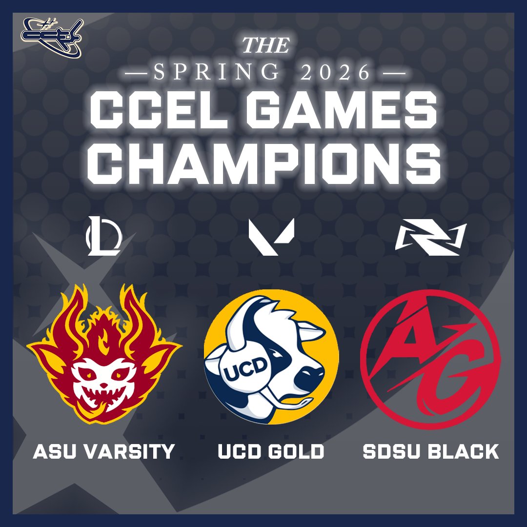 CCELorg's tweet photo. CONGRATS TO OUR WINNERS!! 

YOUR CCEL GAMES SPRING 2026 CHAMPIONS:

LEAGUE OF LEGENDS-ASU Varsity
VALORANT-UCD Gold
Marvel Rivals-SDSU Black

Thank you to all who participated in the CCEL Games Spring 2026. We hope you enjoyed this tournament and are looking forward to our next! https://t.co/7hm6IrdQ8b