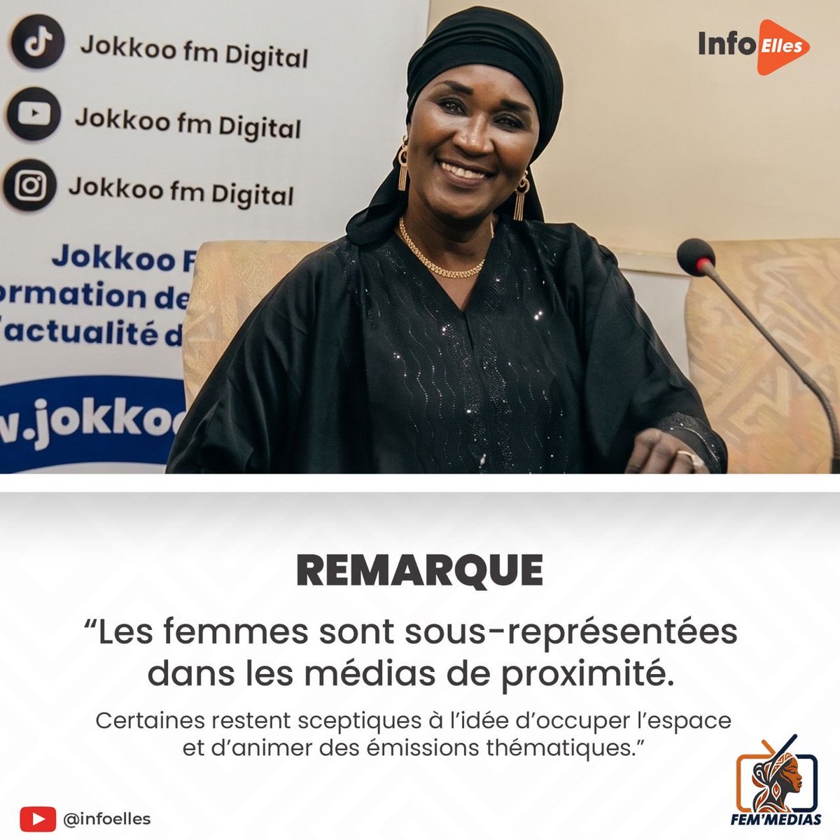 InfoElles's tweet photo. Parce que l’info locale a besoin de voix de femmes et quand les femmes parlent, les communautés avancent. 

Bedy Mbow, Coordonnatrice de Jokko FM aborde le sujet de la représentativité des femmes dans les médias. 

L’intégralité sur notre chaîne YouTube: https://t.co/AhG16Qfxck https://t.co/7c4U7YhF75