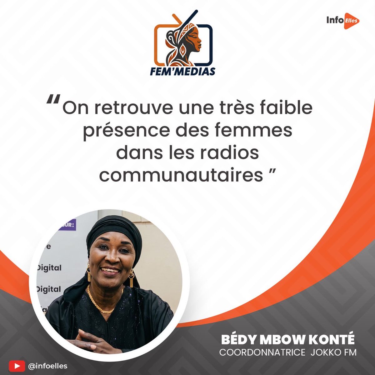 InfoElles's tweet photo. Parce que l’info locale a besoin de voix de femmes et quand les femmes parlent, les communautés avancent. 

Bedy Mbow, Coordonnatrice de Jokko FM aborde le sujet de la représentativité des femmes dans les médias. 

L’intégralité sur notre chaîne YouTube: https://t.co/AhG16Qfxck https://t.co/7c4U7YhF75