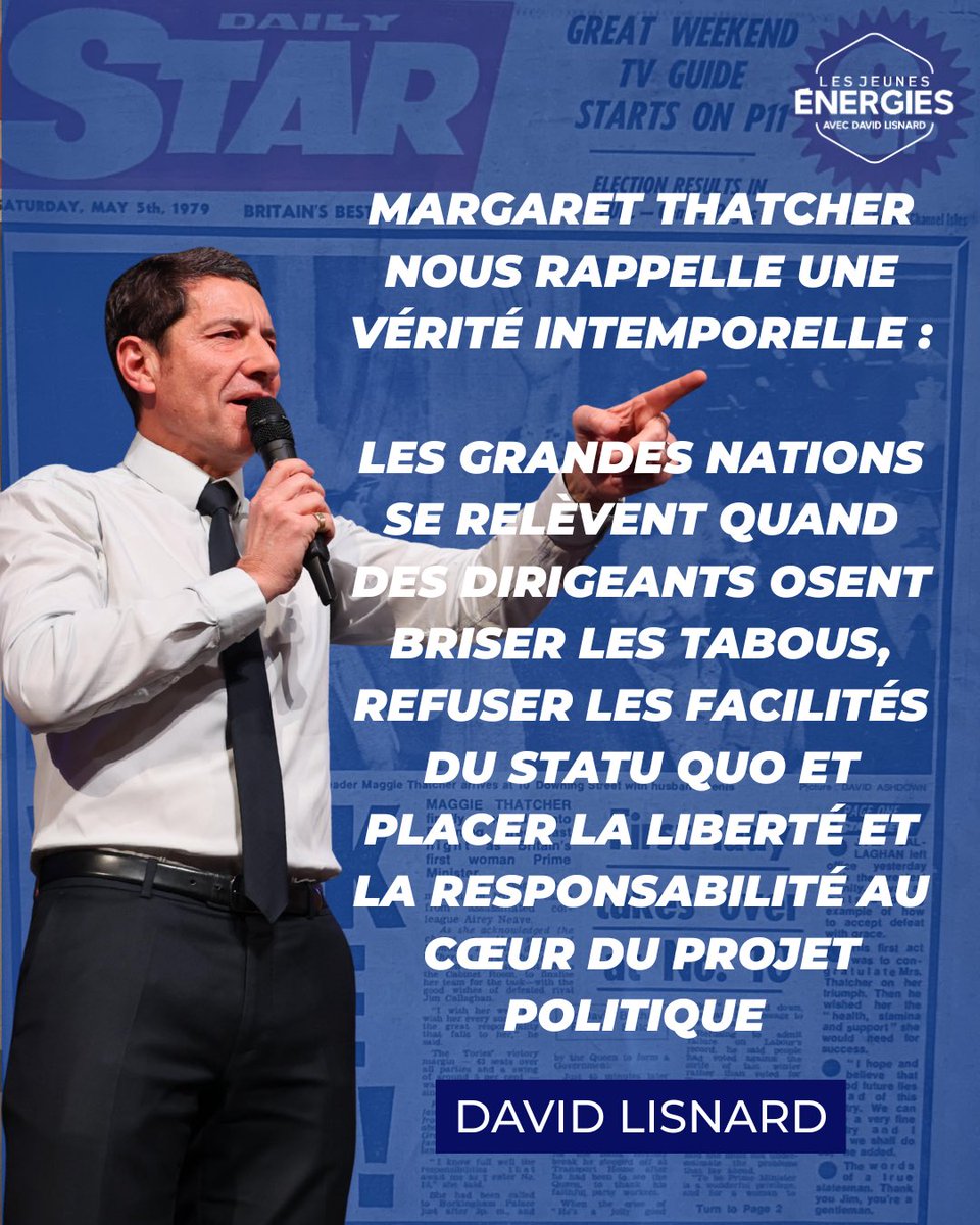 JeunesEnergies's tweet photo. @davidlisnard rend hommage à Margaret Thatcher.

Elle a combattu le socialisme.
Elle a défendu la liberté. Sans trembler.

Aujourd’hui, le combat continue.

Face au déclin organisé, il faut le courage de dire une chose simple : la liberté est la solution avec @Nouv_Energie ! https://t.co/0B3IPq7rh0