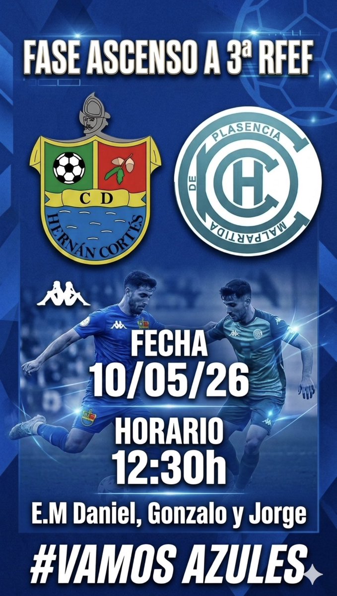 CDHERNAN_CORTES's tweet photo. 🟦 𝐅𝐀𝐒𝐄 𝐃𝐄 𝐀𝐒𝐂𝐄𝐍𝐒𝐎 3ªREFF|  𝟏ª RONDA.

1ª ronda de ascenso a #TerceraRFEF en casa,contra CP Chinato.Gran equipo,que nos lo pondrá muy difícil. Soñemos !

🆚@CPChinato 
📆 10/05/26
🏟️Hernán Cortés
🕢12:30h

Objetivo 🎯 buen resultado!
TE NECESITAMOS!

VAMOS AZULES💙! https://t.co/0QFKMLkxbn