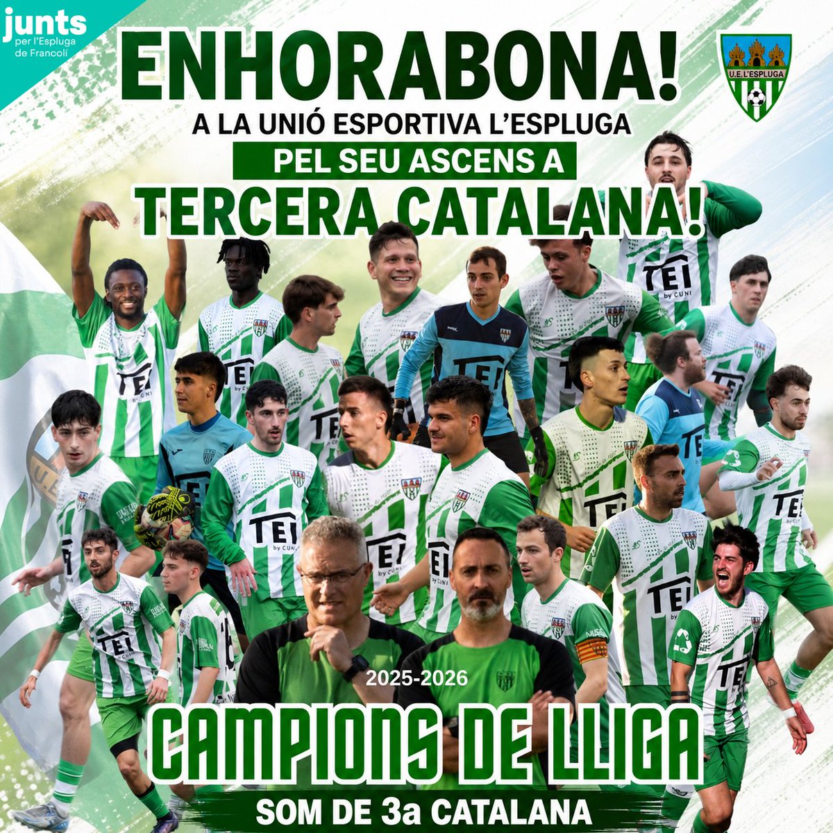 juntsxlespluga's tweet photo. 𝐄𝐧𝐡𝐨𝐫𝐚𝐛𝐨𝐧𝐚, 𝐔𝐄 𝐥’𝐄𝐬𝐩𝐥𝐮𝐠𝐚❗ 💚⚽

Aquesta és una victòria d’orgull per a tot el poble. L’ascens a 3a Catalana és el resultat de l’esforç, la constància i el compromís de jugadors, cos tècnic i afició.

#uelespluga #esplugadefrancoli #orgulldepoble https://t.co/BzPrNk7PTI