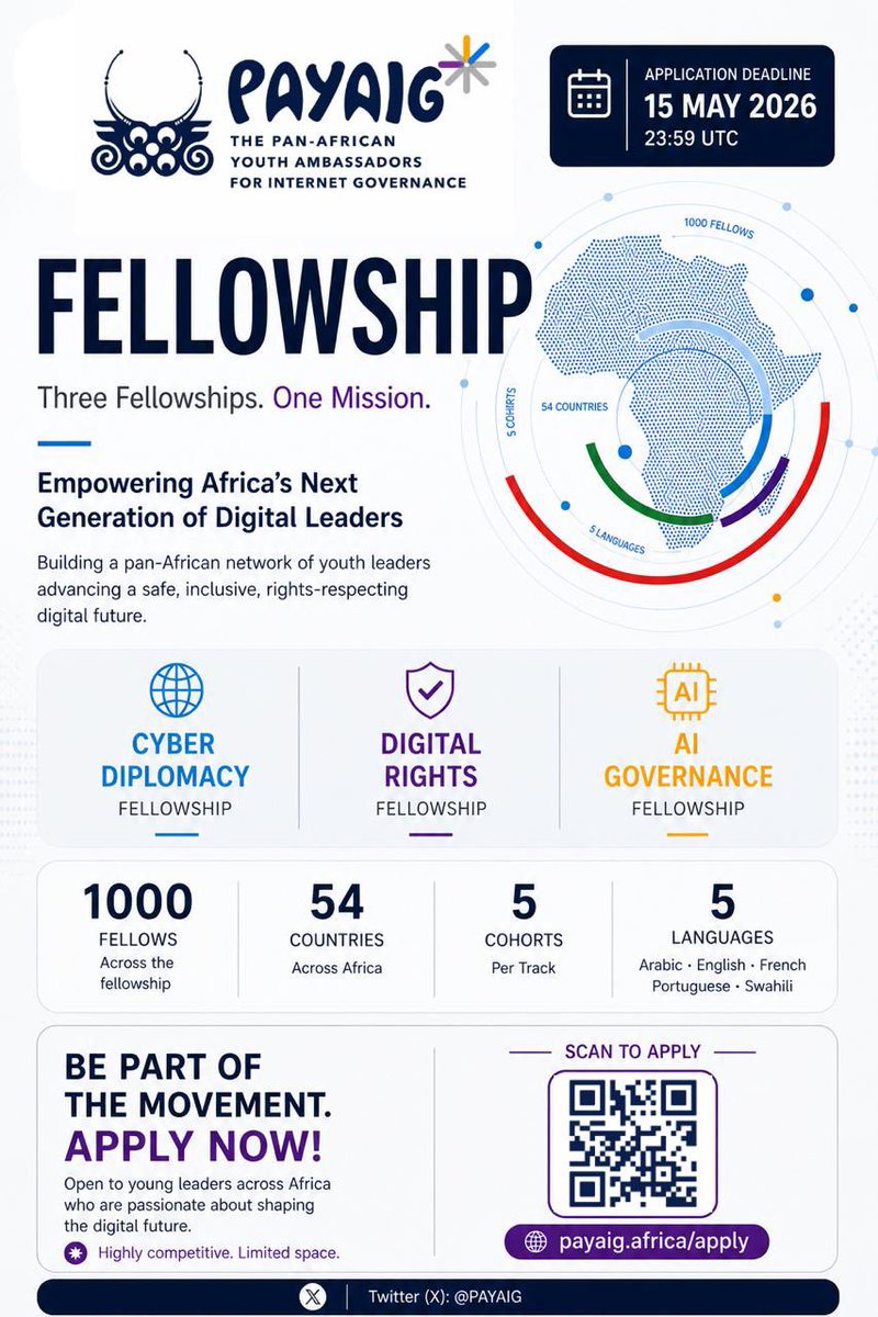 PAYA_IG's tweet photo. 🚀 Applications are OPEN for the #PAYAIG 2026 Fellowship!
Are you 18–35 and passionate about #CyberDiplomacy, #AIGovernance, or #DigitalRights?
Join a pan-African network shaping the future of digital governance.
📅 Deadline: 15 May 2026 👉 https://t.co/oqI8BcL2id https://t.co/Gw268z1gTL