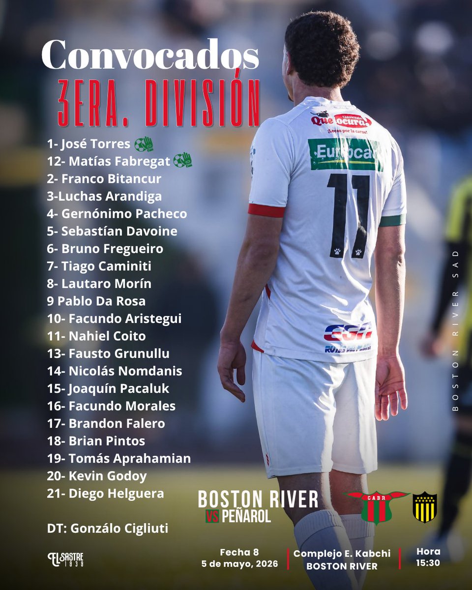 formativasCABR's tweet photo. 📣 CONVOCADOS – FECHA 8 | 3ª DIVISIÓN 🟢🔴
⚽ Boston River 🆚 Peñarol
📅 Fecha: 5/5
⏰ Hora: 15:30
📍 Lugar: Complejo Edmundo Kabchi
🔥 En casa, con nuestra gente y por nuestros colores.
#VamosBoston #TerceraDivisión https://t.co/TSCSMXQPfV