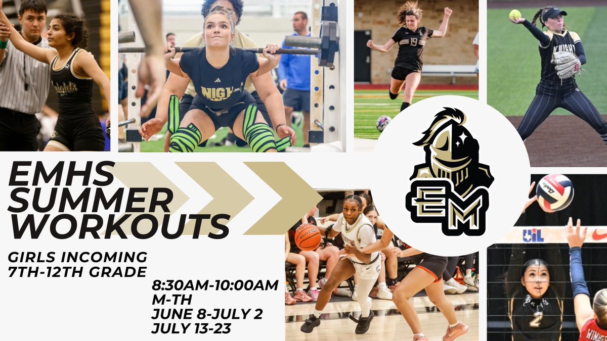 emhs_SB's tweet photo. Summer is our time to get better. 

Join our EMHS Girls Summer Workouts and build strength, skills, and confidence alongside your teammates. Open to all incoming 7th–12th graders—let’s put in the work! 🖤💛 #armorup 

Softball Skills Mondays/Wednesdays from 10-11 starting 6/15! https://t.co/FlwsIB0WXj