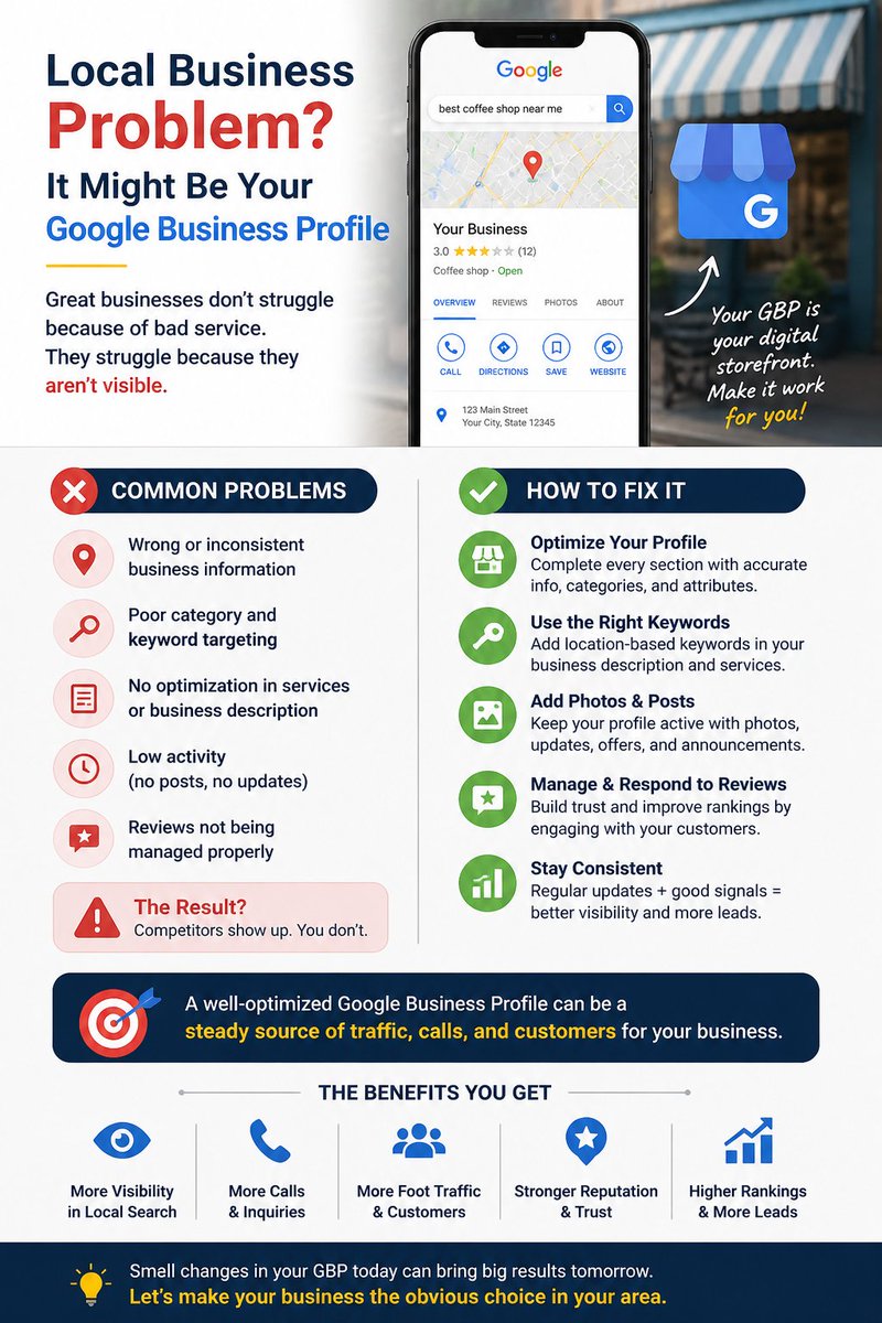 s4blog's tweet photo. Most local businesses don’t have a traffic problem.
They have a visibility problem.
You can have a great service, solid reviews, even a decent website…
but if you’re not showing up when people search “near me,” you’re invisible. Need help? DM me! https://t.co/PeJP8KQVx4