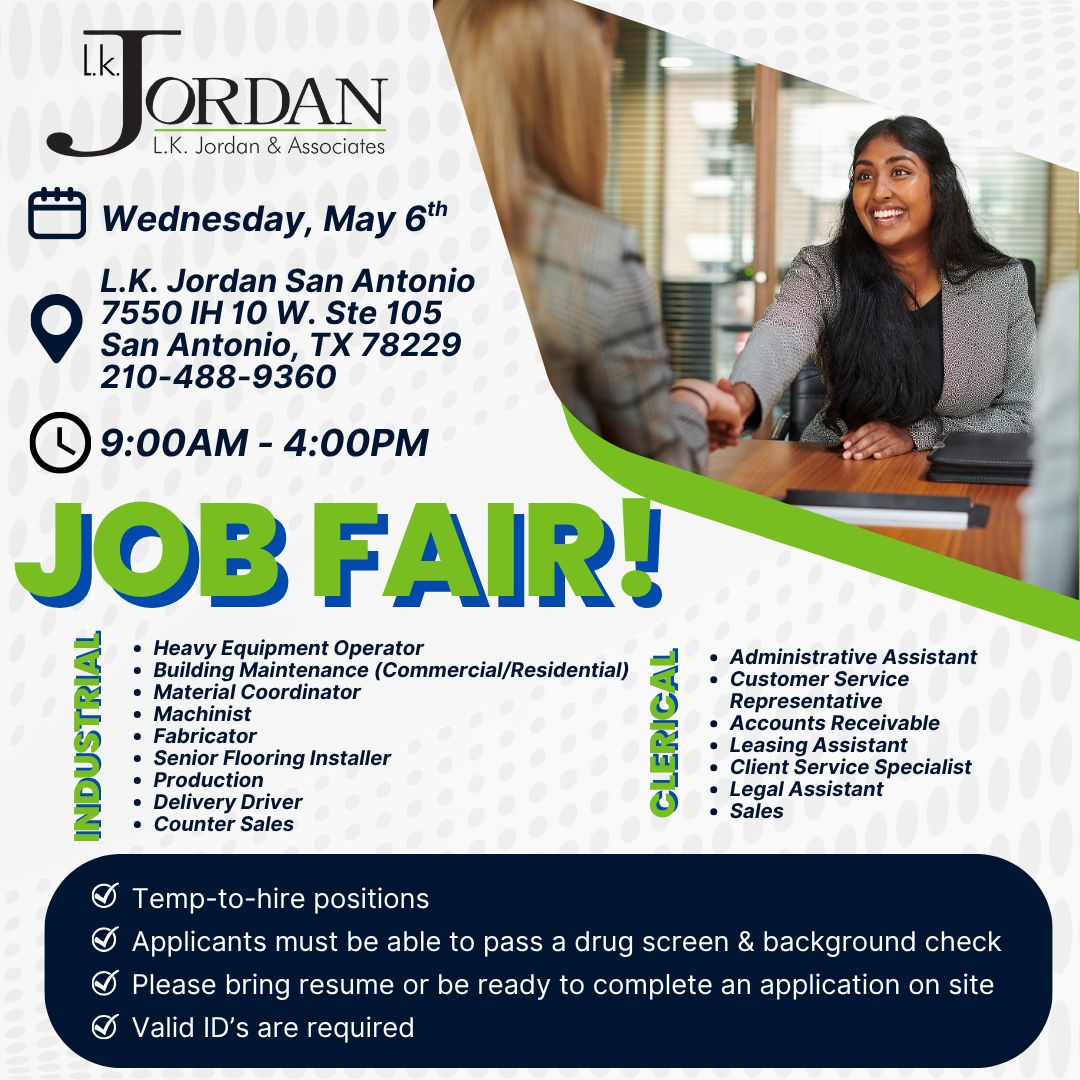 LKJStaffing's tweet image. 📢 We’re hiring, San Antonio!

Join us on May 6th from 9AM–4PM for our Job Fair and explore opportunities in industrial and clerical roles.

Walk in with your resume and walk out with your next opportunity!

📍 7550 IH 10 W. Ste 105
#NowHiring #SanAntonioJobs #JobFair #LKJordan