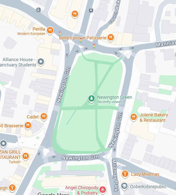 LewisMcCrary's tweet photo. @JATompkins The one-way pattern is definitely the way.

U.S. engineers overbuild these things.

Here is my favorite neighborhood like this (where I lived), Newington Green, Islington, London. Safe enough we let our relatively young kids cross the street alone, w/ 1000+ buses a day passing. https://t.co/qyNJQImhz4