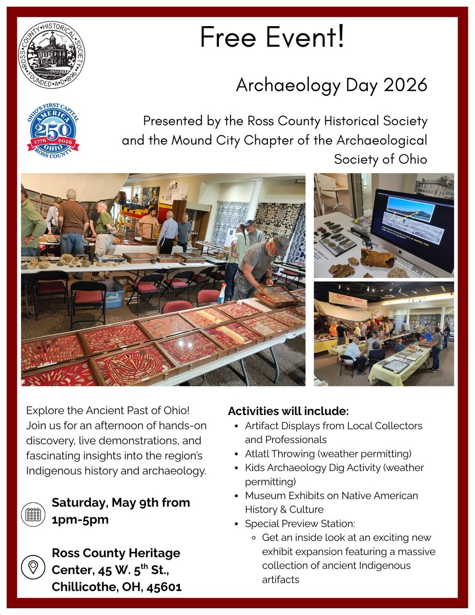 RossHistSoc's tweet photo. Join us for our 2026 #ArchaeologyDay event on May 9 1-5pm. #Museum, #Chillicothe, #Ohio, #freeevent https://t.co/T3tGbwSIDq