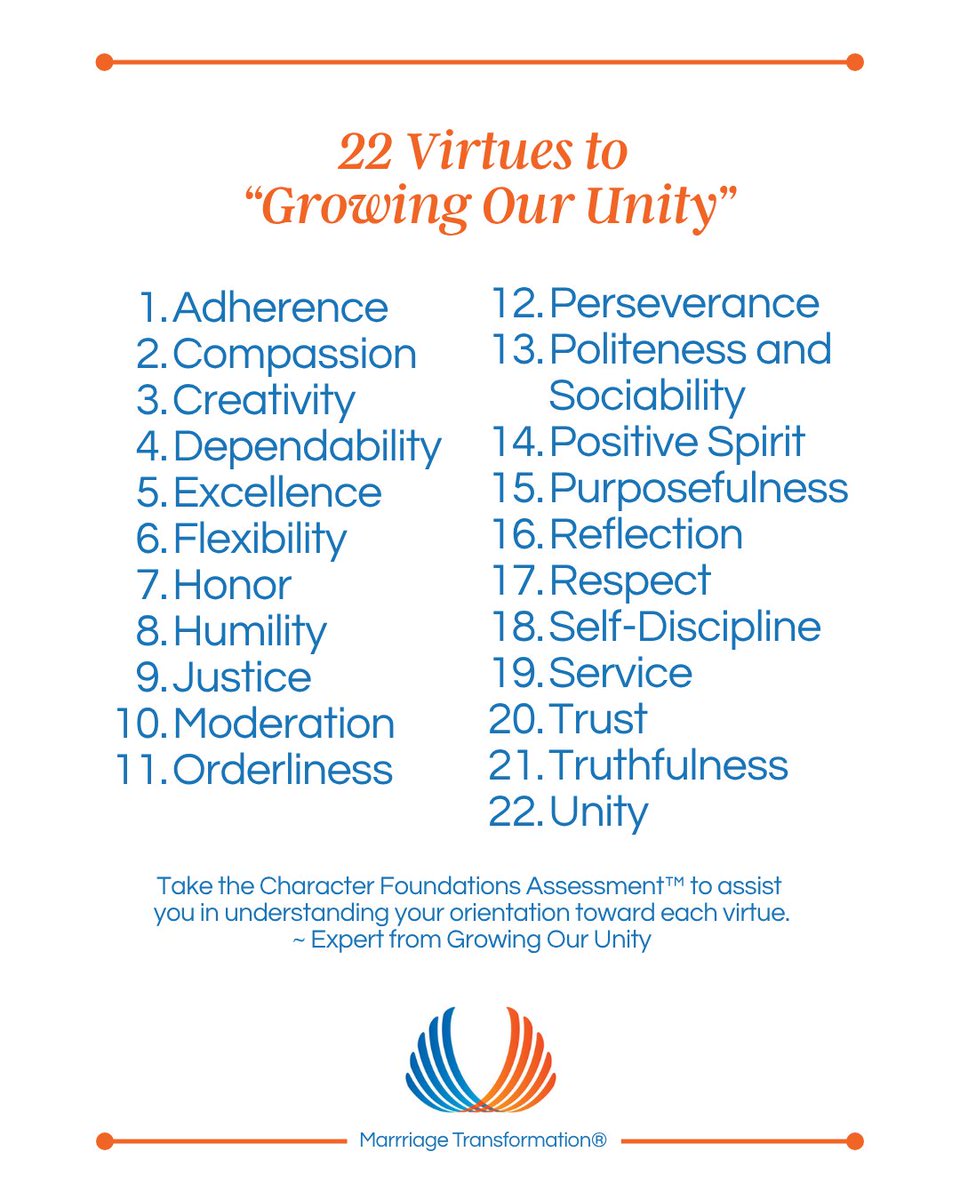 Marriage4ever's tweet photo. Have you taken the "Character Foundations Assessment™, a validated instrument that author W. Grant Peirce IV developed? Taking this assessment may assist you in understanding your orientation toward each virtue.
#marriage #relationships #marriagepreparation https://t.co/Ml0Hi7USnd
