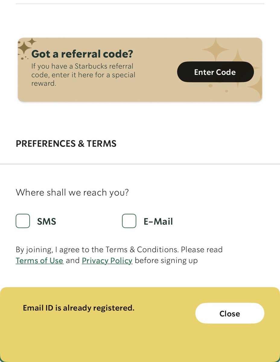 pramitdebmallik's tweet photo. @StarbucksIndia unable to log into my account since the log in with email  option was dropped from the app. I can’t link my phone number with my email as I’m getting a pop up that an account already exists https://t.co/ZAtgp66Moo