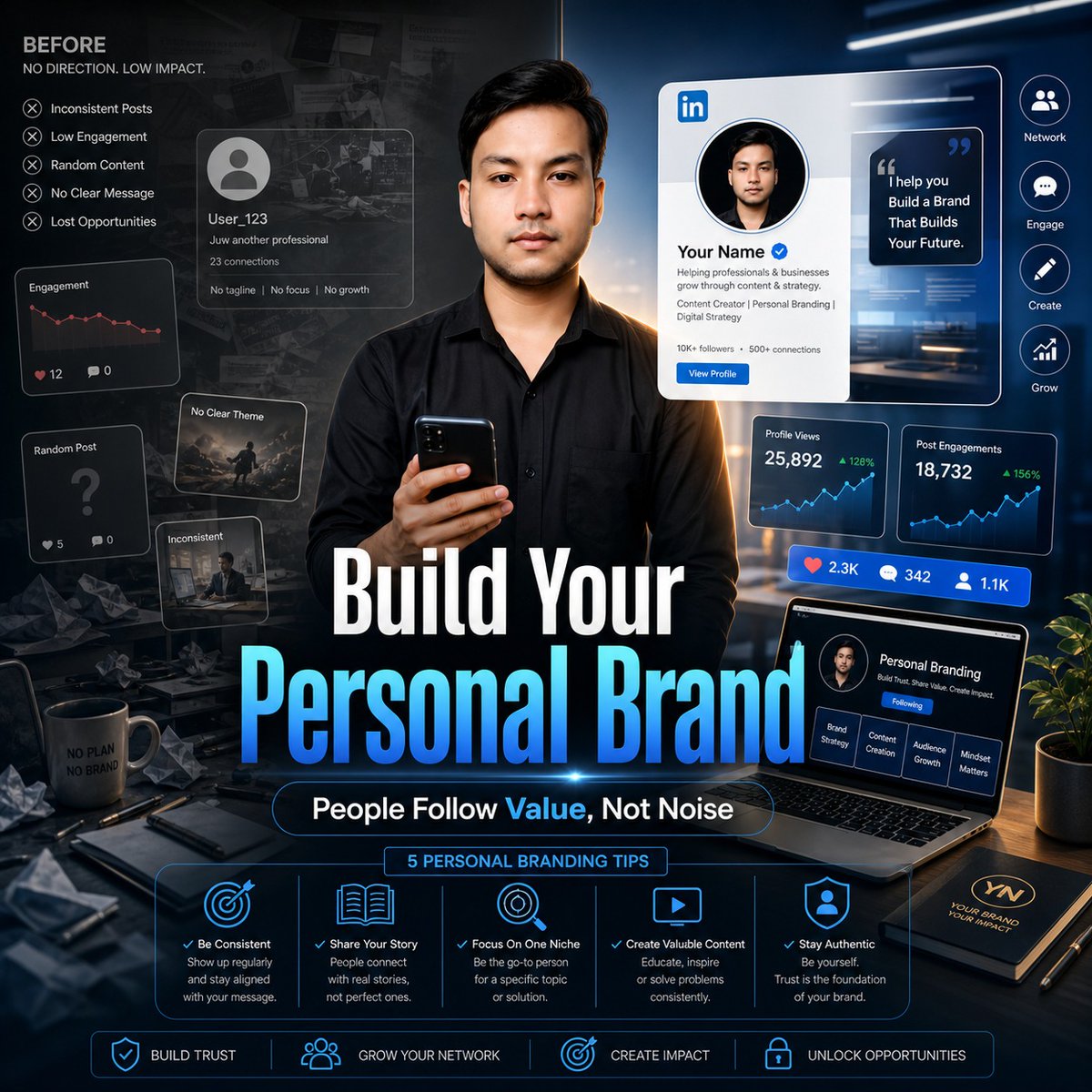 thahmidarrahman's tweet image. Your personal brand is your digital reputation.
Be consistent, share your story, focus on one niche, and create value people remember. Trust + authenticity = long-term growth. 🚀 
#PersonalBranding #LinkedInTips #ContentCreator #DigitalBranding #thahmidar #thahmidarrahman