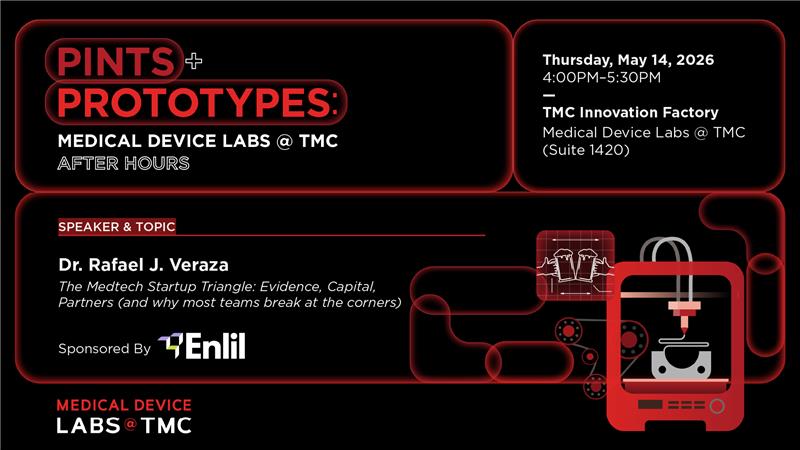 TMCInnovation's tweet photo. Join us for an engaging session of Pints &amp; Prototypes on May 14, 2026, at 4 PM.

We are pleased to welcome Dr. Rafael J. Veraza as our featured speaker. He will dive into the “medtech startup triangle,” exploring why many teams encounter challenges at critical inflection points. https://t.co/nElioyCjjT