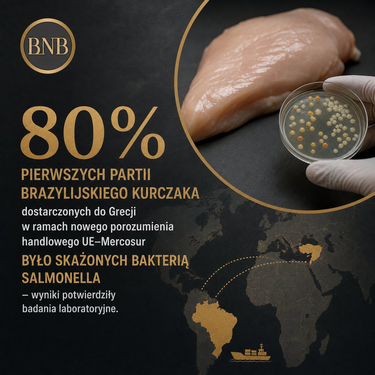 ✋️ALARM W EUROPIE 

80% pierwszych partii brazylijskiego kurczaka dostarczonych do Grecji w ramach nowego porozumienia handlowego UE-Mercosur było skażonych bakterią Salmonella - wyniki potwierdziły badania laboratoryjne.