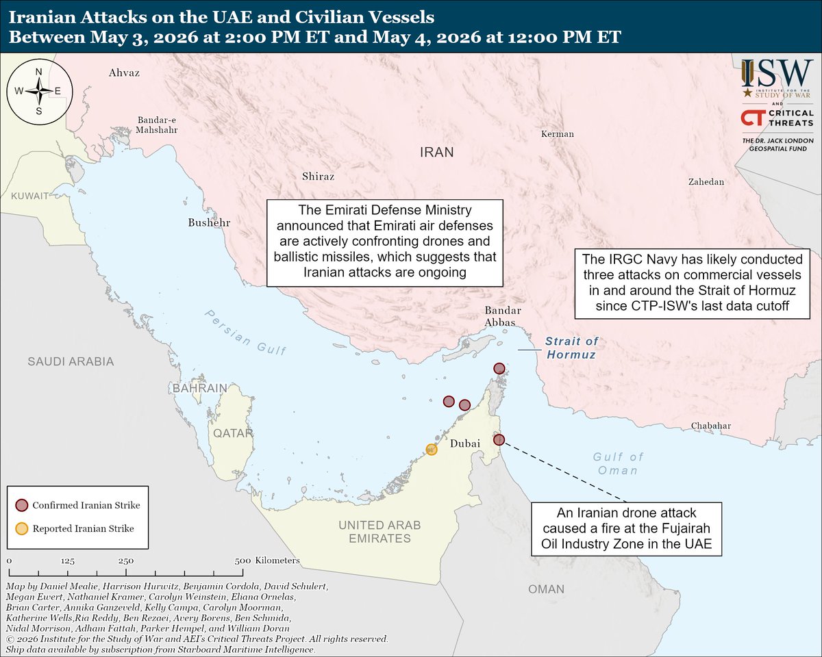 TheStudyofWar's tweet photo. BREAKING | An Iranian drone attack caused a fire at the Fujairah Oil Industry Zone in the United Arab Emirates (UAE), marking the first Iranian attack on a Gulf state since the US-Iran ceasefire went into effect on April 8. 

The Emirati Defense Ministry announced that it detected four cruise missiles launched from Iran toward the UAE. Emirati air defenses intercepted three of the missiles, while the fourth fell in the sea. The Emirati Defense Ministry also announced that Emirati air defenses are actively confronting drones and ballistic missiles, which suggests that Iranian attacks are ongoing. 

This attack comes after US President Donald Trump announced on May 3 that the United States would “guide” vessels out of the Strait of Hormuz. Trump warned that the United States would respond “forcefully” to any Iranian interference in this operation. 

Senior Iranian military and political officials threatened to attack any vessels that attempted to transit through the strait without Iranian permission and warned that Iran would consider any US “interference” in the strait to be a ceasefire violation in response to Trump’s announcement. 

US Central Command (CENTCOM) successfully guided two US-flagged commercial vessels through the strait on May 4. 

The IRGC Navy has likely conducted three attacks on commercial vessels in and around the Strait of Hormuz since ISW-CTP's last data cutoff. United Kingdom Maritime Trade Operations (UKMTO) reported that unspecified projectiles struck a vessel north of Fujairah, the UAE. UKMTO also reported fires on two vessels north of Dubai and west of Mina Saqr, the UAE. 

One of the attacked vessels is owned by the Abu Dhabi National Oil Company. The Emirati Foreign Ministry condemned the attack and described Iranian attacks on commercial vessels as “acts of piracy.” 

ISW-CTP is actively monitoring this developing situation and will provide analysis about these unfolding events in its May 4 Iran Update.