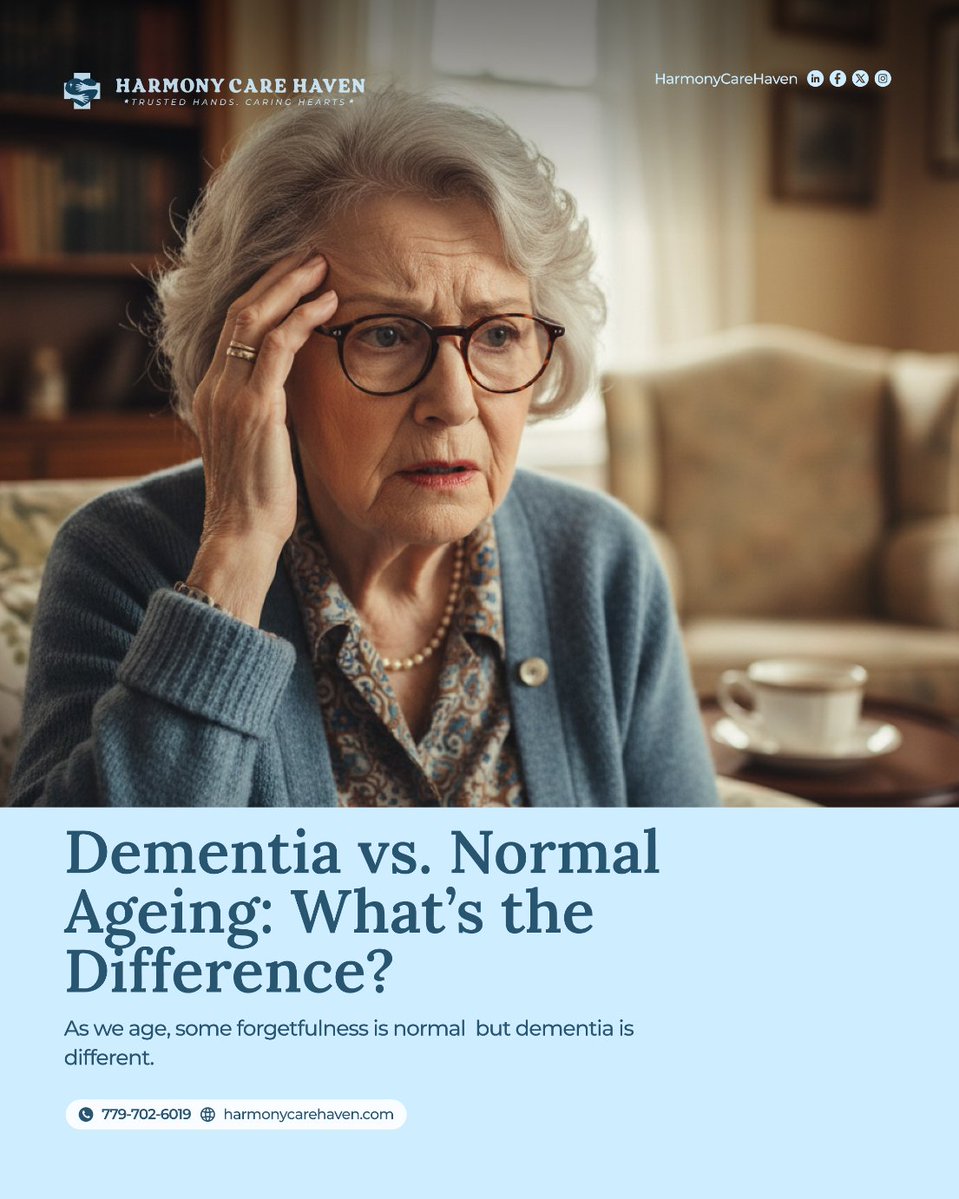 hcarehaven's tweet image. Dementia vs. Normal Ageing: What’s the Difference?
As we age, some forgetfulness is normal  but dementia is different. 
#dementiacare #HealthyAging #harmonycarehaven #healingathome #CareWithHeart #cookcountycares #illinoishomecare