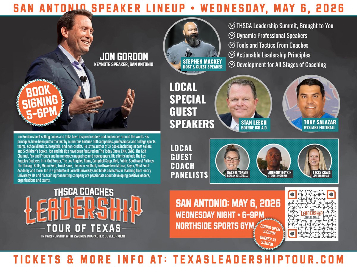 Coach_Messer's tweet photo. Don't forget about The Leadership Tour stop in San Antonio.  
This is a great opportunity to learn, connect, and bring something back to your program.  
📍 Northside Sports Gym 
🕕 6–9 PM (Doors open at 5:00 | Dinner at 5:30)  
 🎟️ https://t.co/ZTMlA1JMJH
#THSCABrandAmbassador https://t.co/T6Fh6Ifzcb