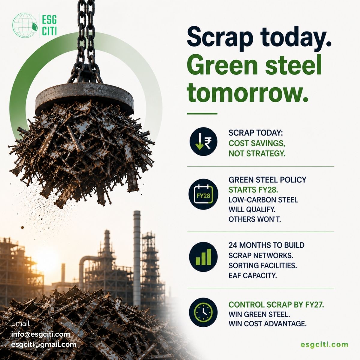 EsgCiti's tweet photo. 1/ #India imports 7M tonnes ferrous scrap/year. Generates 35M tonnes domestically but only 45% of domestic scrap gets #recycled. Rest sits in junkyards or gets exported. If your business is evaluating transition into low carbon operations, reach out to us at info@esgciti.com. https://t.co/yEhcS3Jakw