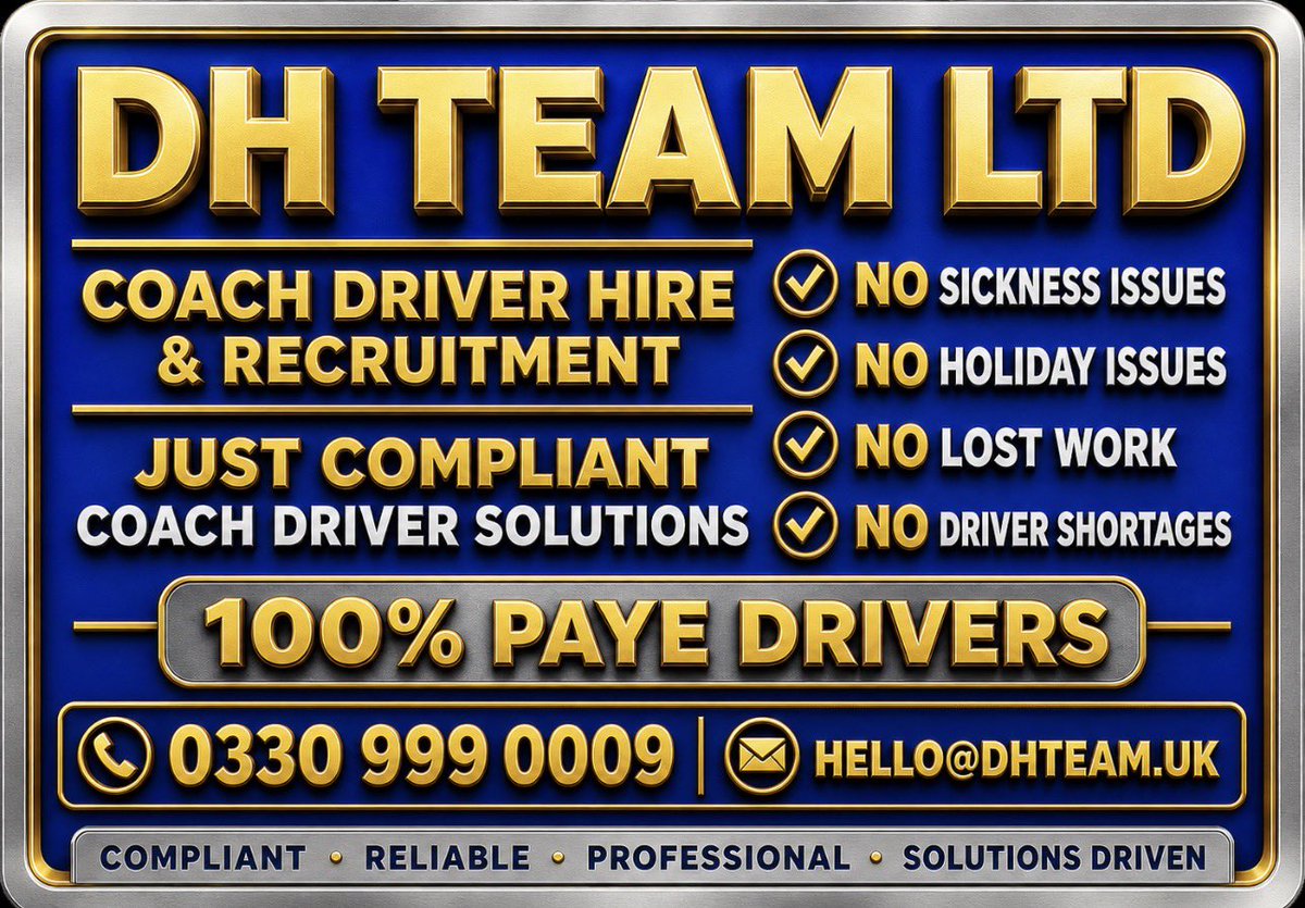 DHTeamLTD's tweet photo. RECRUITMENT COMPLIANCE,
probably the most important subject ignored.
More and more operators are using
Our compliantly PAYE employed 
Experienced drivers can make a profitable difference to operators. 

  Call us to discuss your coach driver
   Requirements 
   📞  0330 999 0009
    📧 HELLO@DHTEAM.UK
    🌐 https://t.co/ZUMRzwOavD