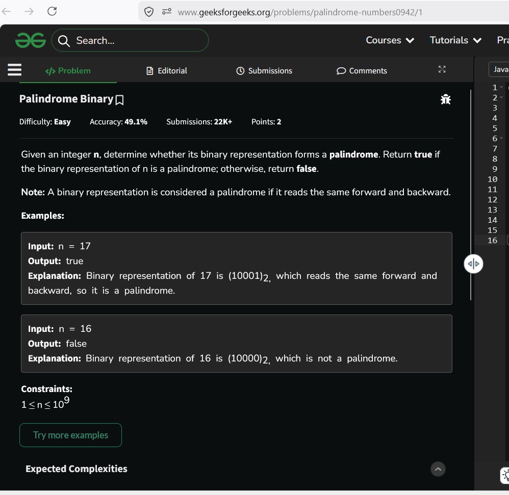AnujUpadhayay07's tweet photo. Day 80 🚀
Solved a problem on checking whether a number is a binary palindrome on @geeksforgeeks colboration with @NPCI_NPCI 

Used bit manipulation to reverse bits and compare with the original number.

#Day80 #DSA #BitManipulation #CodingJourney https://t.co/TU3qgf0Yra