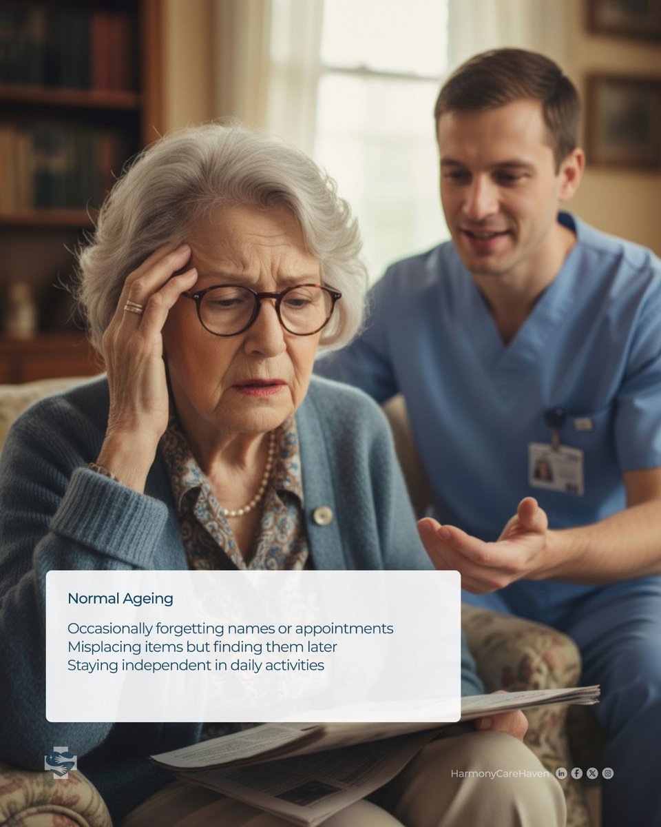 hcarehaven's tweet image. Dementia vs. Normal Ageing: What’s the Difference?
As we age, some forgetfulness is normal  but dementia is different. 
#dementiacare #HealthyAging #harmonycarehaven #healingathome #CareWithHeart #cookcountycares #illinoishomecare