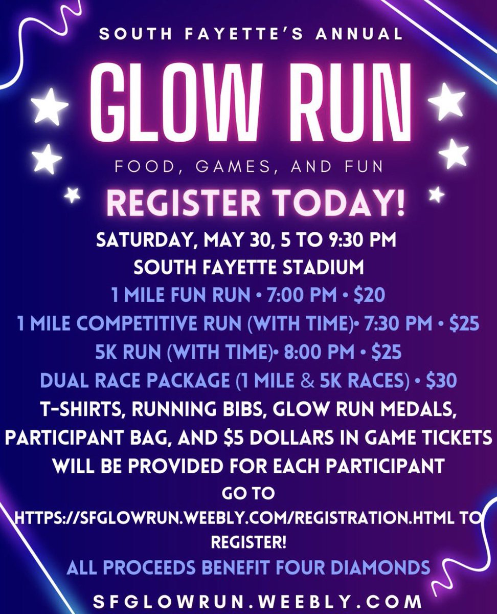 sfglowrun's tweet photo. Register for the 2026 Glow Run THIS WEEK and, in addition to contributing to Four Diamonds fight against pediatric cancer, you'll also score an extra 15% off your registration! Don't miss out! https://t.co/oXGLxA4De0 https://t.co/EoaCF0Jt4V