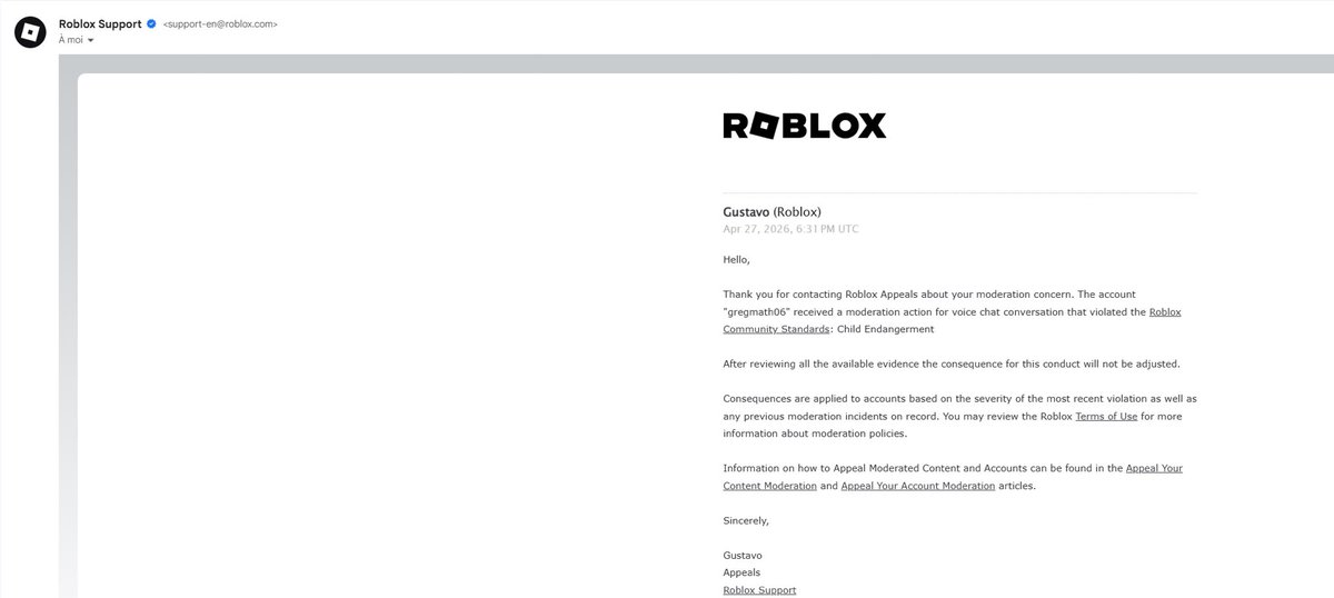 Brio_Games's tweet photo. Hey @Roblox,
My account 'gregmath06' was banned for an image (Pic 1), but agent Gustavo rejected my appeal by falsely claiming a 'Voice Chat' violation (Pic 2), a feature I don't even use!

This is a clear human error. Please review the real case. #Roblox #Robloxsupport https://t.co/C0Ribz59Y6