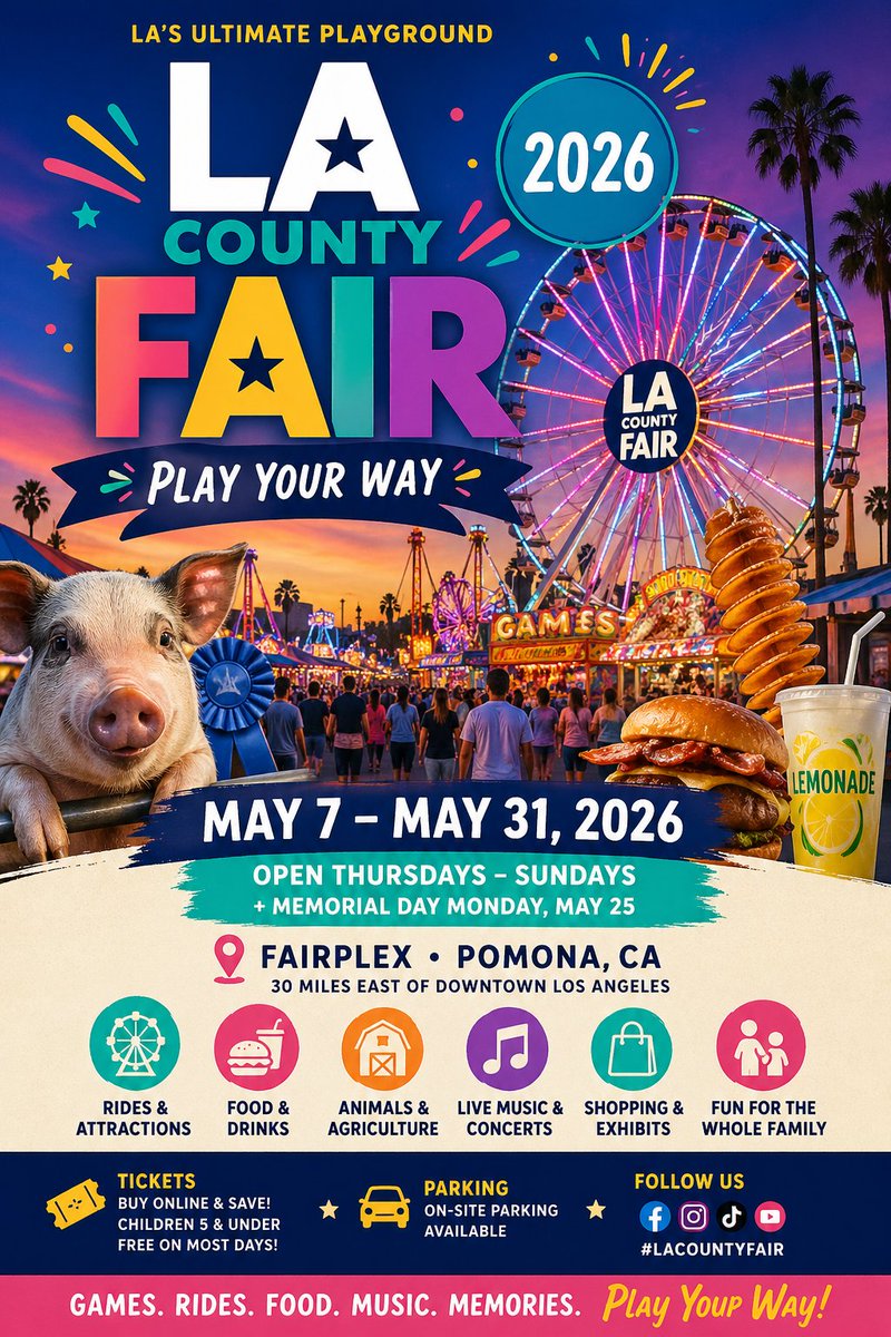 LetsTalk_LA's tweet image. L.A. County Fair is a SoCal tradition with rides, food, concerts, animals, and family fun from May 7–31 in Pomona, #California #lacountyfair #losangeles #pamona letstalklosangeles.com/l-a-county-fai…