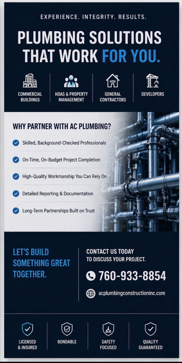 ACPlumbing4u's tweet image. Reliable plumbing solutions for commercial properties, HOAs, contractors &amp;amp; developers. Licensed, insured, and committed to quality workmanship delivered on time and on budget. Contact AC Plumbing Construction Inc. today! 🔧🏢

#Plumber #Plumbing #CarlsbadPlumber #VistaPlumber