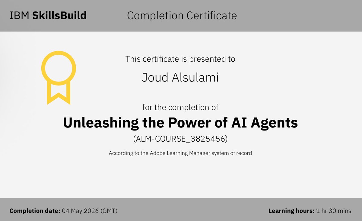 Jood06177786952's tweet photo. Completed the Unleashing the Power of AI Agents course through PreHack x IBM SkillsBuild 
Great experience learning how AI agents can be used to build smarter solutions
@Pre_Hack1 
#Pre_Agentic_AI #PreHack https://t.co/wRcptqJPOg
