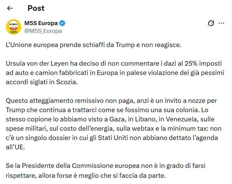 M5SBerlino's tweet image. L’Unione europea prende schiaffi da Trump e non reagisce. 

Ursula von der Leyen ha deciso di non commentare i dazi al 25% imposti ad auto e camion fabbricati in Europa in palese violazione dei già pessimi accordi siglati in Scozia. 
#M5S #Europa

@M5S_Europa