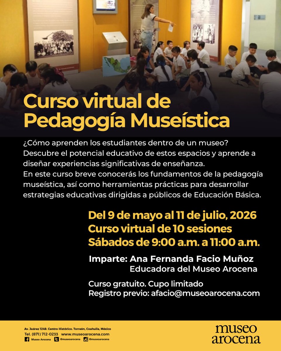 ¿Cómo aprenden los estudiantes dentro de un museo?

🏛️ Curso Virtual de Pedagogía Museística

Descubre el potencial educativo de estos espacios y aprende a diseñar experiencias significativas de enseñanza

Inicio: 9 de mayo
Info: afacio@museoarocena.com
WhatsApp: (871) 797 8580