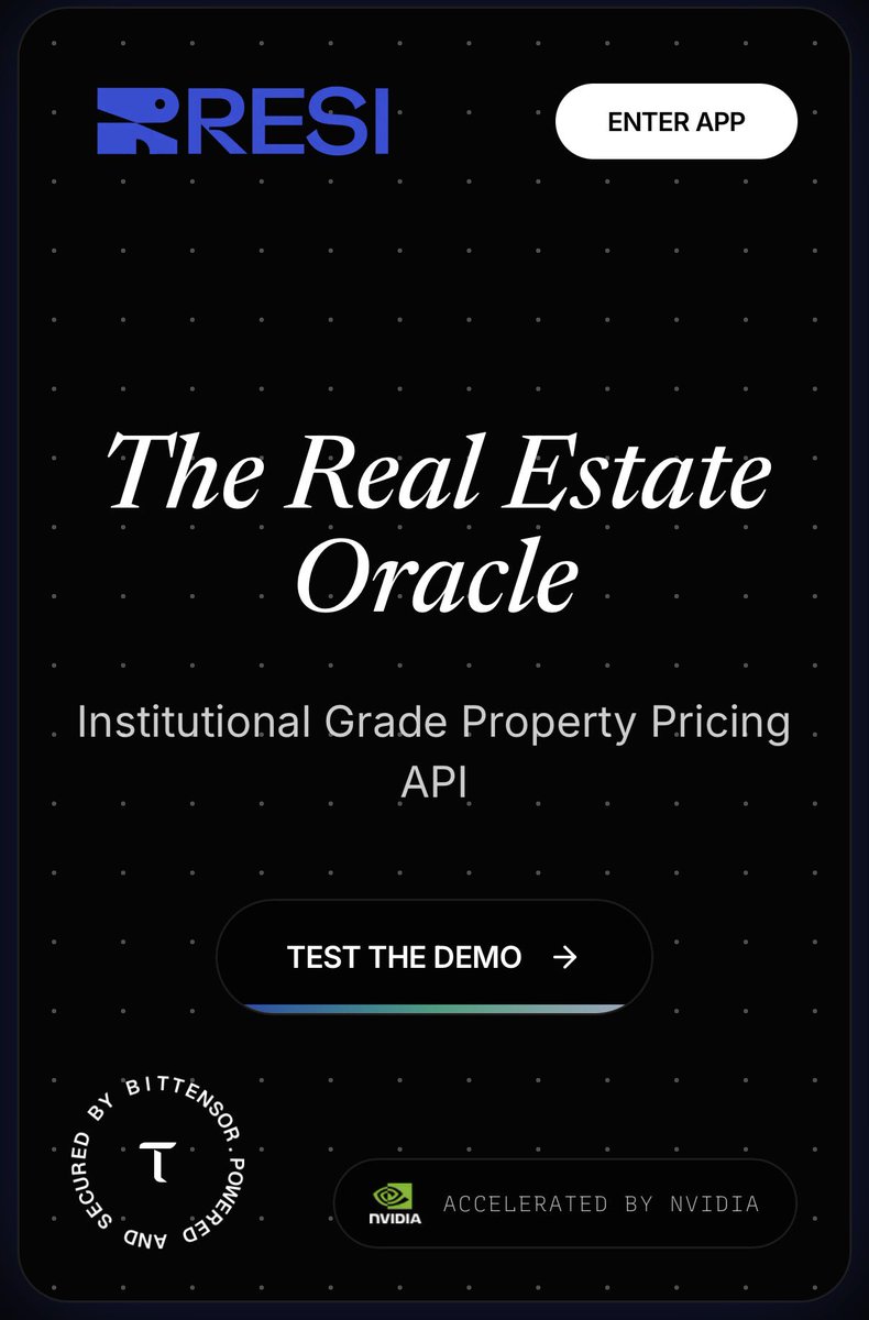 jollygreenmoney's tweet photo. There is only one place you can find a company of this quality with such a small market cap 💎 

SN46 RESI on Bittensor $TAO should have a valuation 10x higher than is currently is ($10M market cap, should be $100M+)

Why?
✅ Developed best-in-class tech to value property prices
✅ RESI AI models achieve a 98% accuracy rating in valuing residential properties across the USA
✅ Exceeds the accuracy of established industry tools like the Zestimate (Zillow) and even in-person appraisals

Having come through the Nvidia Accelerator Program and leveraging the Bittensor ecosystem, these metrics are no surprise to me

Another subnet that should achieve mainstream adoption, see price appreciation, and shine light on $TAO